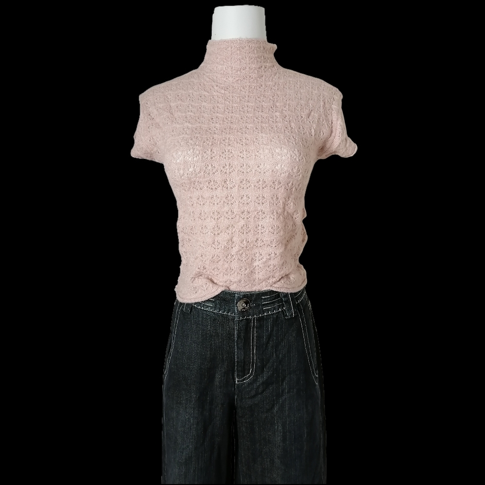 vintage pink hollow turtleneck, cap sleeves knit cropped top by zara